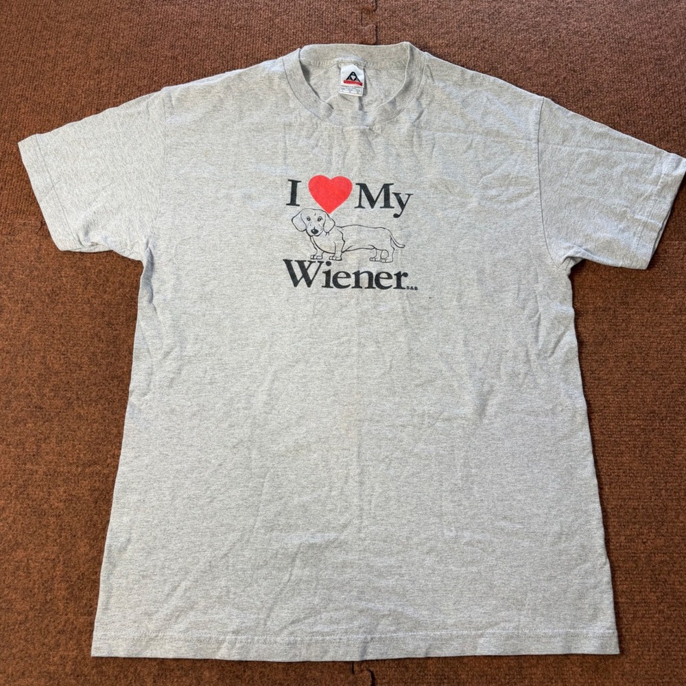 A+ Alstyle I Love My Wiener Dachshund Dog Graphic T-Shirt Gray Mens Large Humor